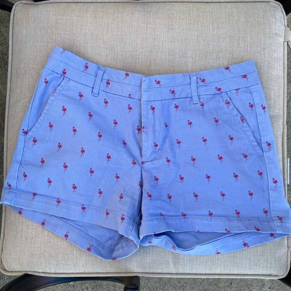 Light Blue Shorts with Pink Flamingo Pattern